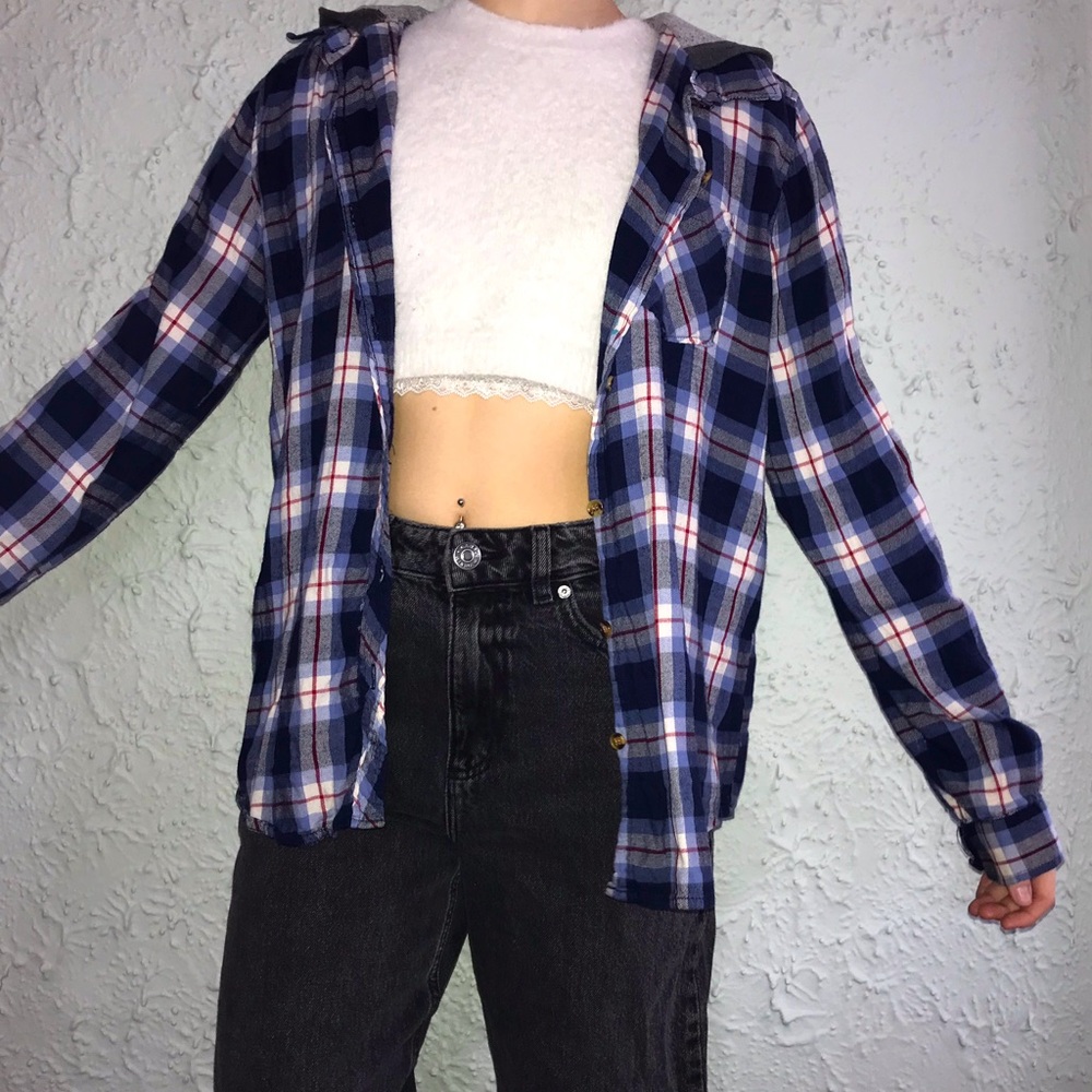 CUPIDS DIARY Blue/Red/White Hoodie Flannel Button Up Shirt